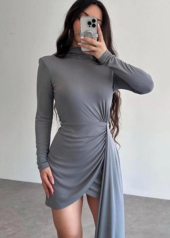 Gri Uzun Kollu Drapeli Mini Elbise - Görsel 2