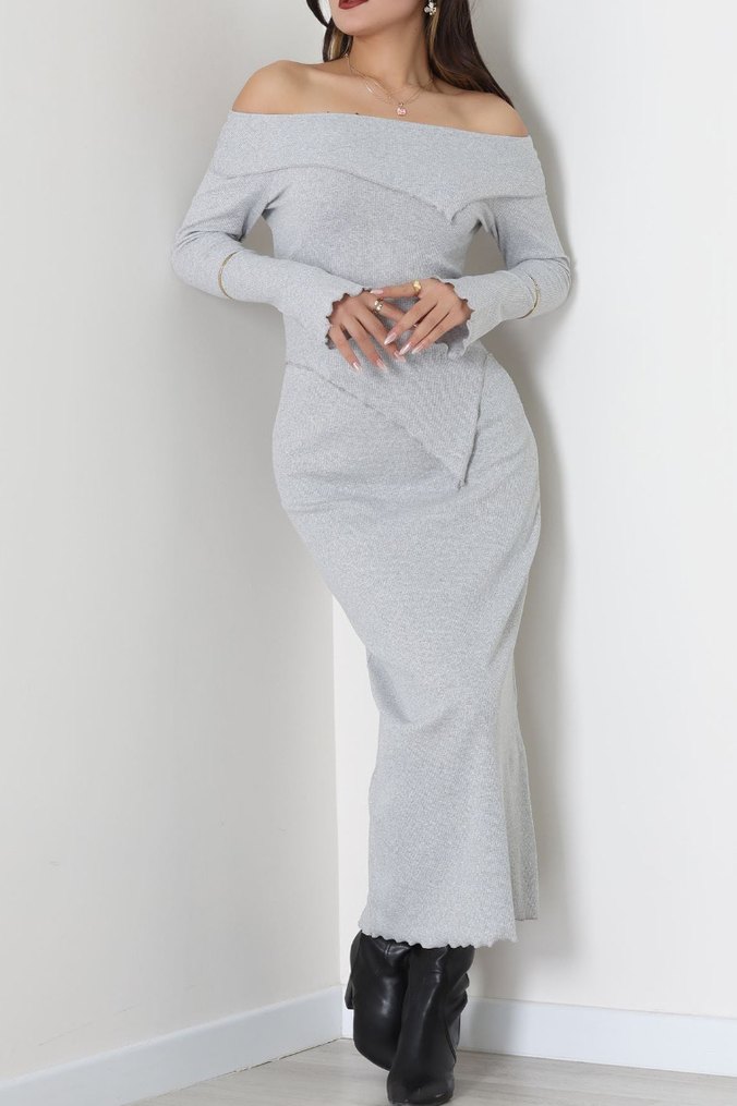 Gri Uzun Kollu Triko Elbise - Görsel 2