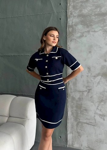 Düğmeli Kısa Kollu Lacivert Mini Elbise - Görsel 2