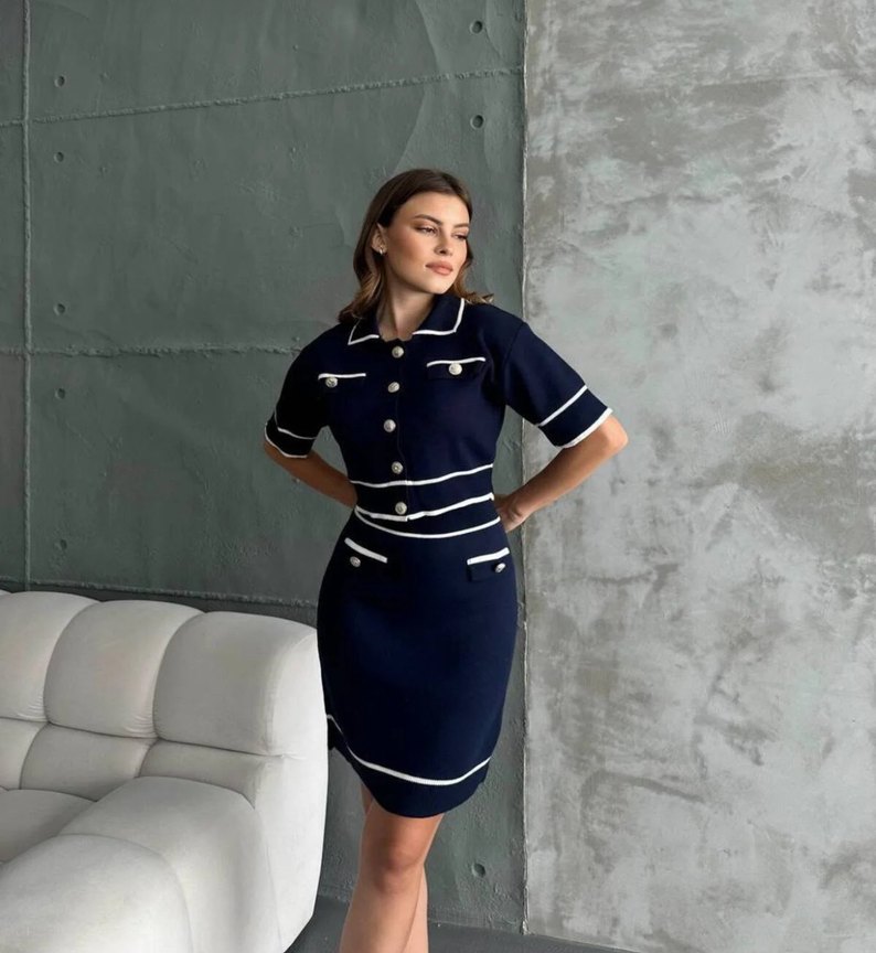 Düğmeli Kısa Kollu Lacivert Mini Elbise - Görsel 2