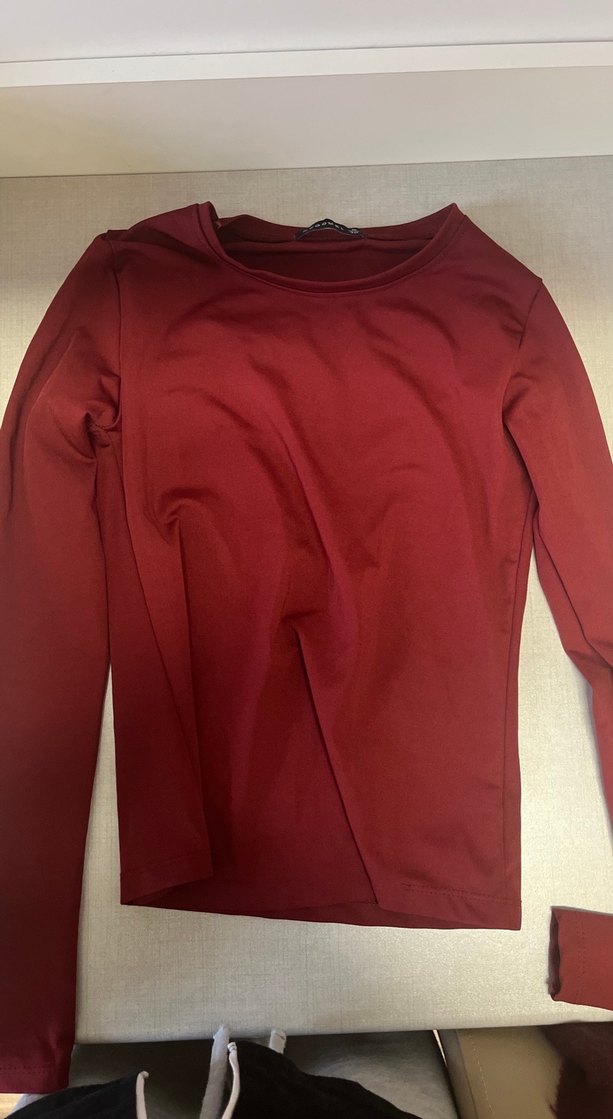 Bordo Uzun Kollu Kadın Tişört dar bluz - Görsel 4