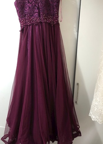 Mor Uzun Dantel İşlemeli Straplez Abiye Elbise - Görsel 6