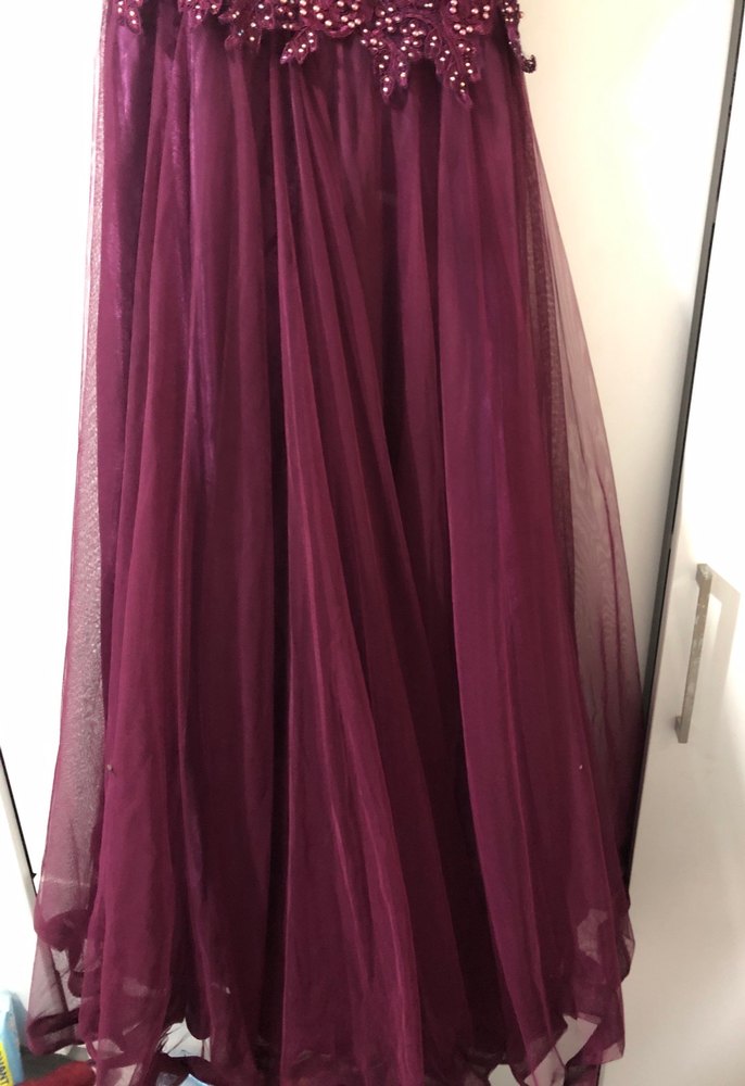 Mor Uzun Dantel İşlemeli Straplez Abiye Elbise - Görsel 4