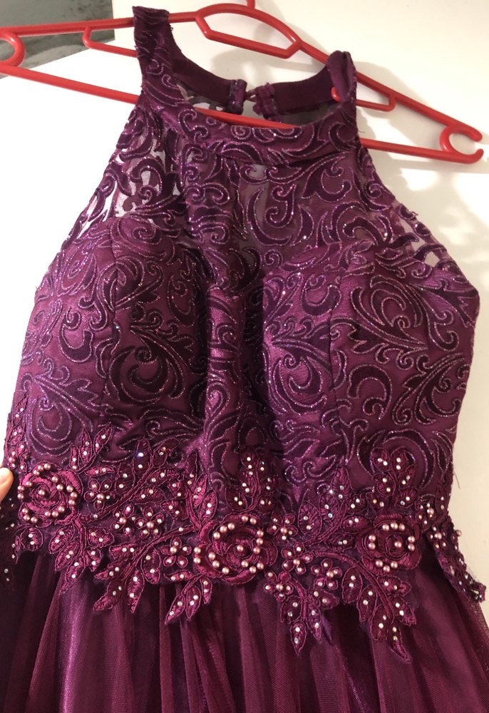 Mor Uzun Dantel İşlemeli Straplez Abiye Elbise - Görsel 3