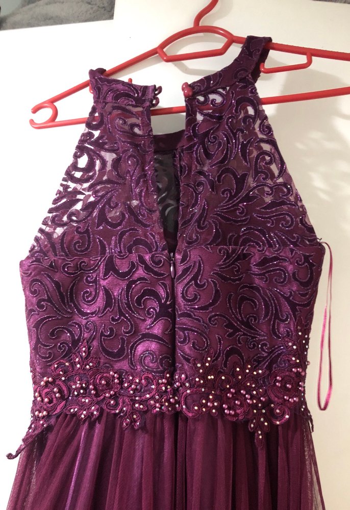 Mor Uzun Dantel İşlemeli Straplez Abiye Elbise - Görsel 5