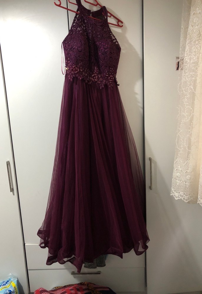 Mor Uzun Dantel İşlemeli Straplez Abiye Elbise - Görsel 2