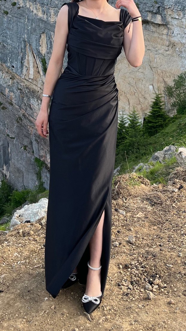 Siyah Drapeli Straplez Uzun Abiye Elbise - Görsel 2