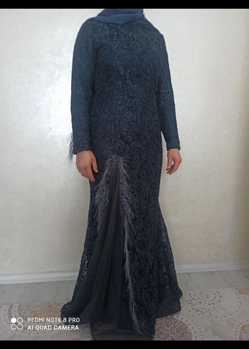Uzun Kollu Drapeli Gri Gotik Abiye Elbise
