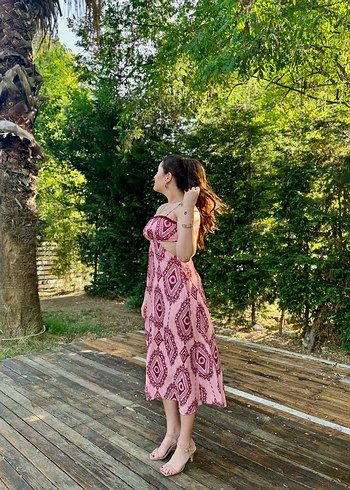 Koton Pembe Bağlamalı Uzun Bohem Elbise