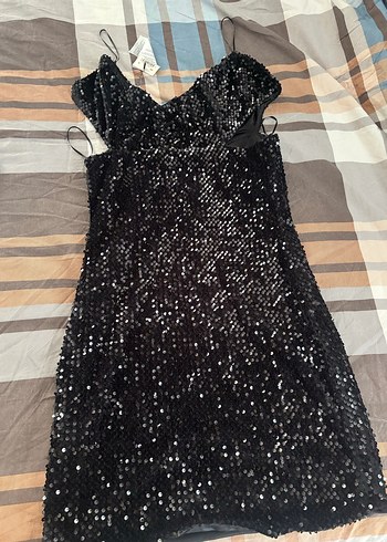 l Beden Parlak Siyah V Yaka Mini Abiye Elbise
