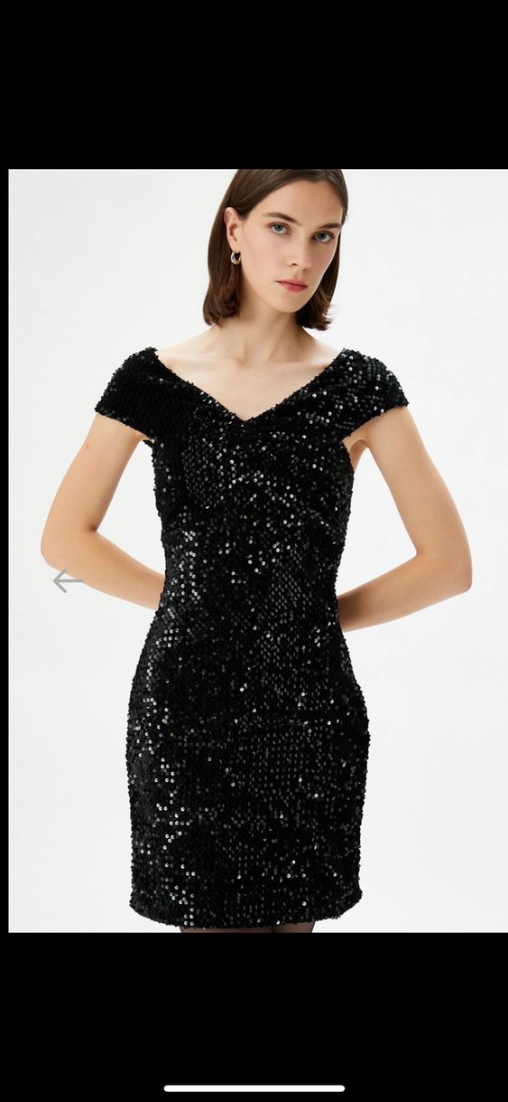 Parlak Siyah V Yaka Mini Abiye Elbise - Görsel 2