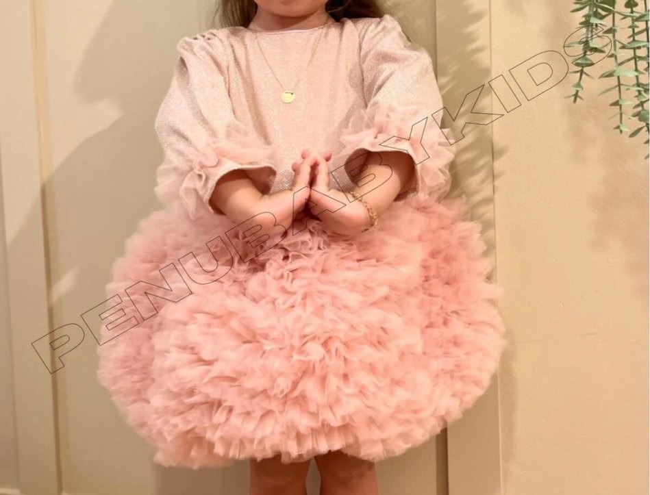 Uzun Kollu Pembe Kız Çocuk Elbise - Görsel 4