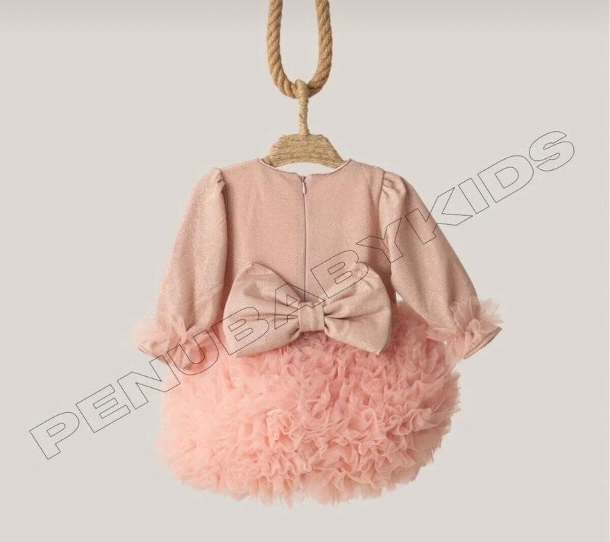 Uzun Kollu Pembe Kız Çocuk Elbise - Görsel 2