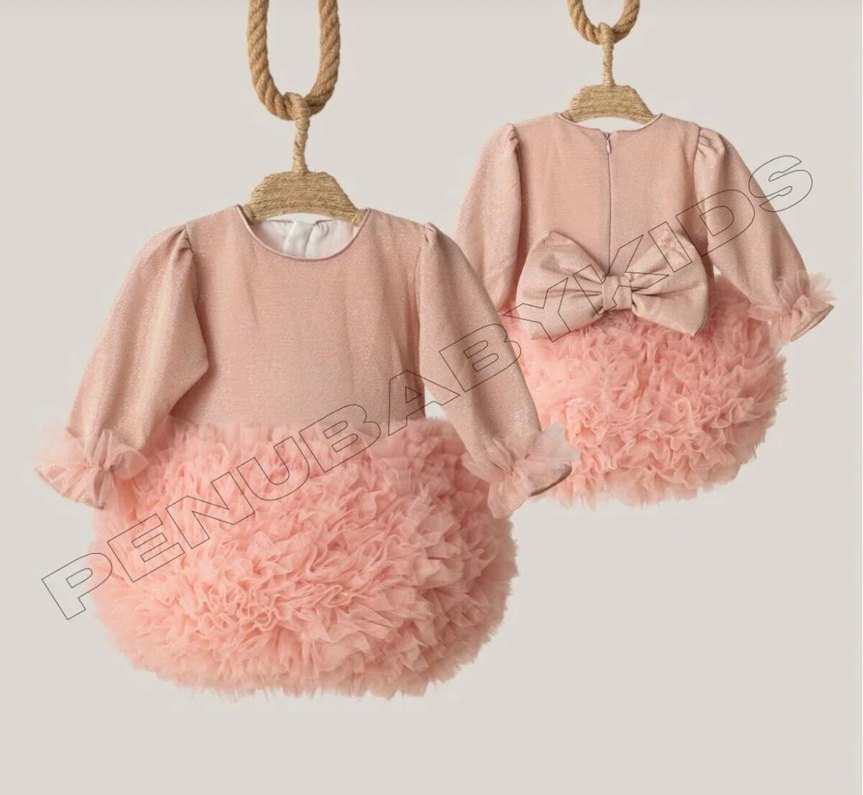 Uzun Kollu Pembe Kız Çocuk Elbise - Görsel 3