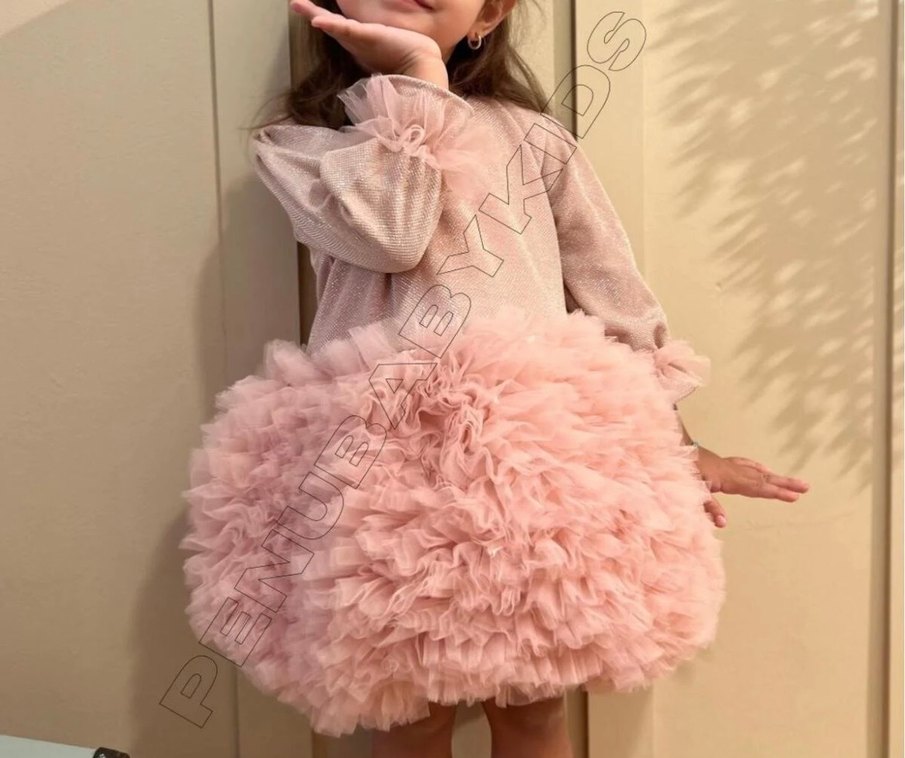 Uzun Kollu Pembe Kız Çocuk Elbise - Görsel 5