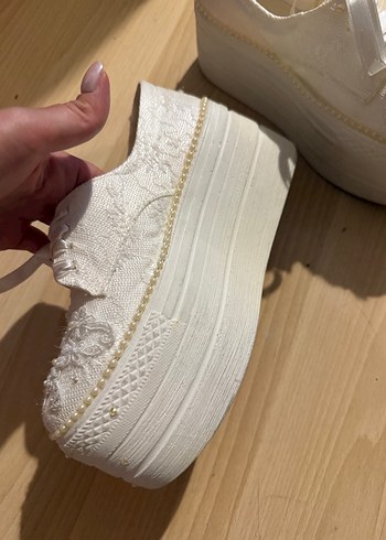 Dantel Detaylı Beyaz Dolgu Topuklu Espadril - Görsel 3