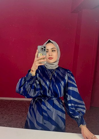 Mavi Gri Zebra Desenli Uzun Kadın Tunik