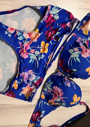 Çiçek Desenli Mavi Bohem Bikini takımı