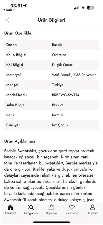 6 Yaş Beden kırmızı Renk Barbie kırmızı sweat