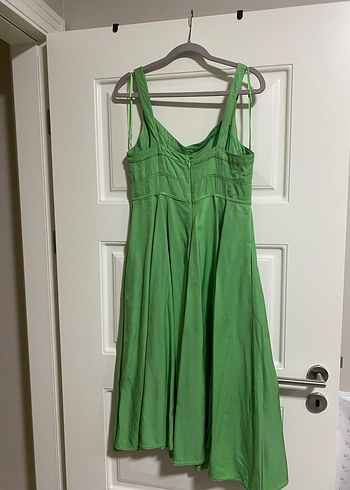 Yeşil Keten Uzun Drapeli Elbise - Görsel 2