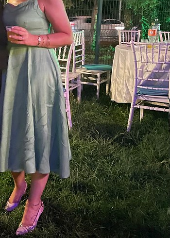 Yeşil Keten Uzun Drapeli Elbise - Görsel 4