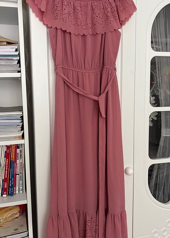Pembe Straplez Uzun Bohem Elbise