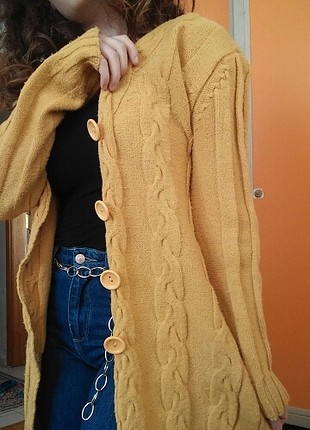 Hardal Sarı Uzun Triko Hırka Camel
