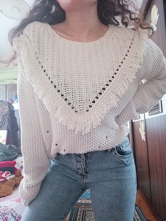 püsküllü örgü krem kırık beyaz oversize kazak