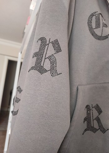 Gri Fermuarlı sweatshirt oversize taşlı hırka - Görsel 2