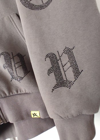 Gri Fermuarlı sweatshirt oversize taşlı hırka - Görsel 6