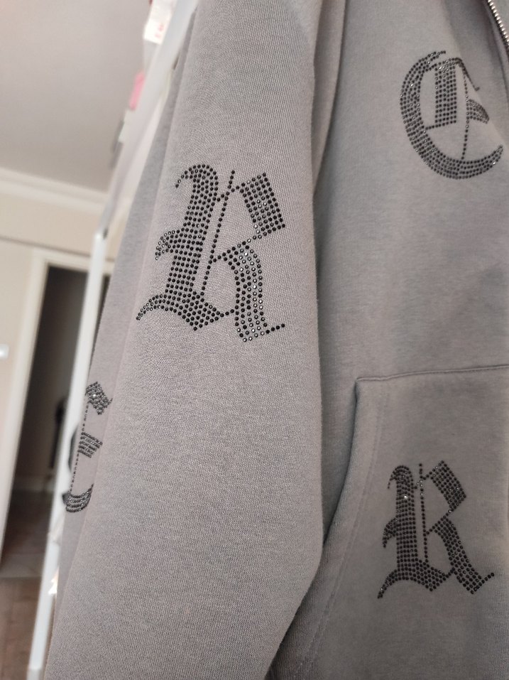 Gri Fermuarlı sweatshirt oversize taşlı hırka - Görsel 2