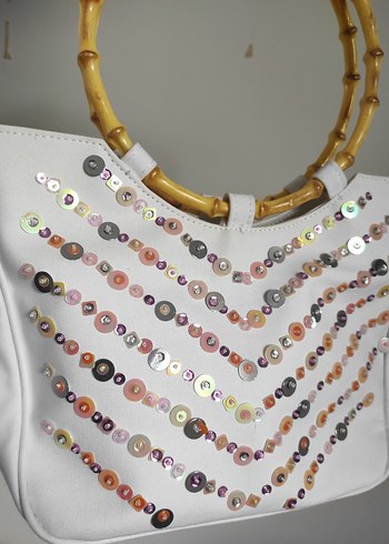 Beyaz İşlemeli Boncuklu Kadın Çanta el kol vintage - Görsel 2