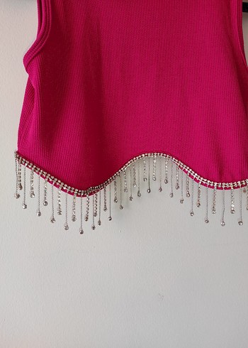 taş sallantılı Detaylı Pembe Kısa Crop Top - Görsel 2
