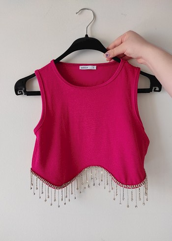 taş sallantılı Detaylı Pembe Kısa Crop Top - Görsel 3