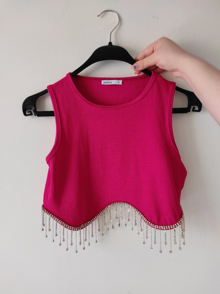 taş sallantılı Detaylı Pembe Kısa Crop Top - Görsel 3