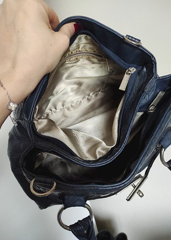 Lacivert Deri Desenli Kadın Çanta vintage y2k kol omuz - Görsel 3