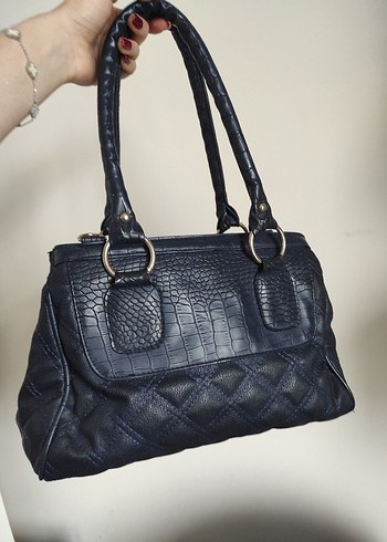 Lacivert Deri Desenli Kadın Çanta vintage y2k kol omuz - Görsel 2