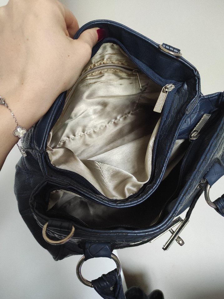 Lacivert Deri Desenli Kadın Çanta vintage y2k kol omuz - Görsel 3