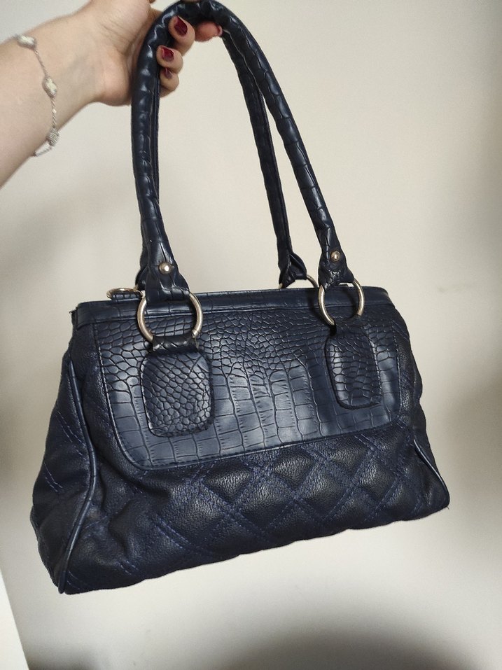 Lacivert Deri Desenli Kadın Çanta vintage y2k kol omuz - Görsel 2