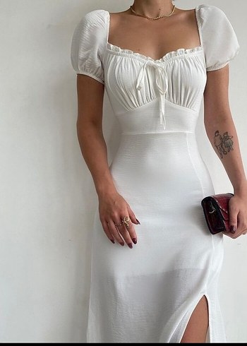 Beyaz Drapeli madonna prenses yaka midi elbise - Görsel 2