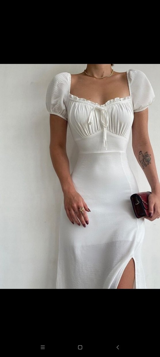Beyaz Drapeli madonna prenses yaka midi elbise - Görsel 2