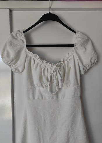 Beyaz mini prenses madonna yaka Elbise - Görsel 3