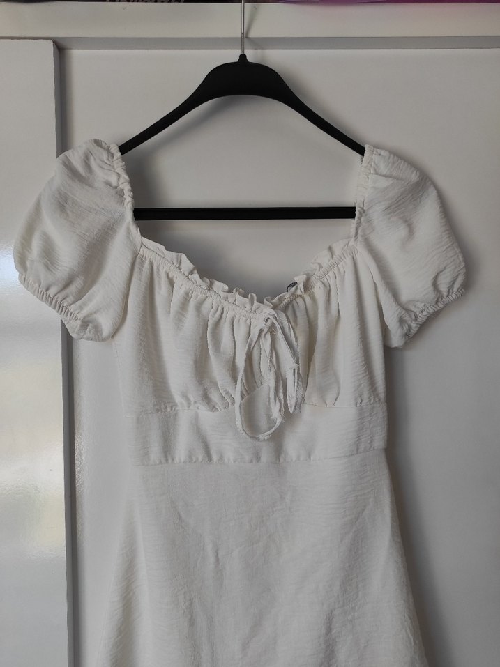 Beyaz mini prenses madonna yaka Elbise - Görsel 3