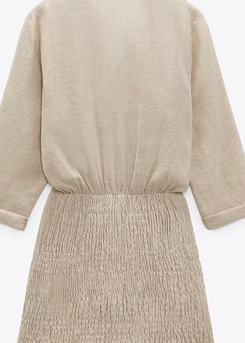 Bej Keten Mini Uzun Kollu Elbise polo yaka gömlek - Görsel 2