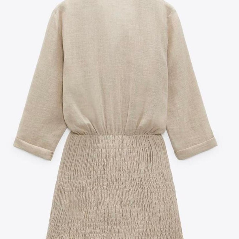 Bej Keten Mini Uzun Kollu Elbise polo yaka gömlek - Görsel 2