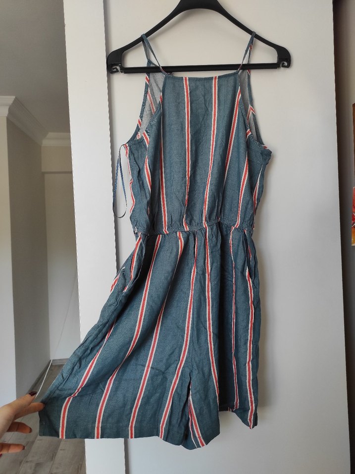 Çizgili Kumaşlı Kadın Tulum halter - Görsel 3