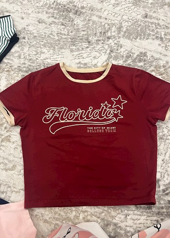 Trendyol & Milla Bordo Kisa Kollu Yazili Tisort
