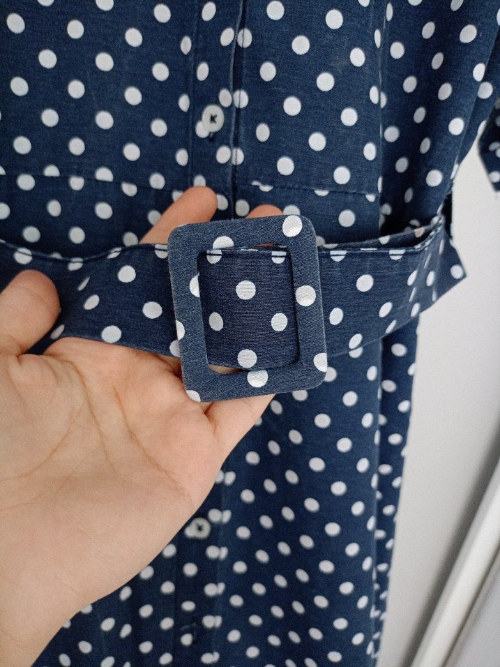 Lacivert Puantiyeli Uzun Düğmeli Elbise - Görsel 3