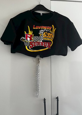 Zincir Detaylı Siyah Biker Crop Top