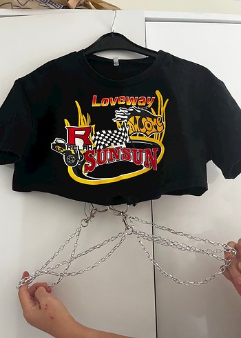 Diğer Zincir Detaylı Siyah Biker Crop Top
